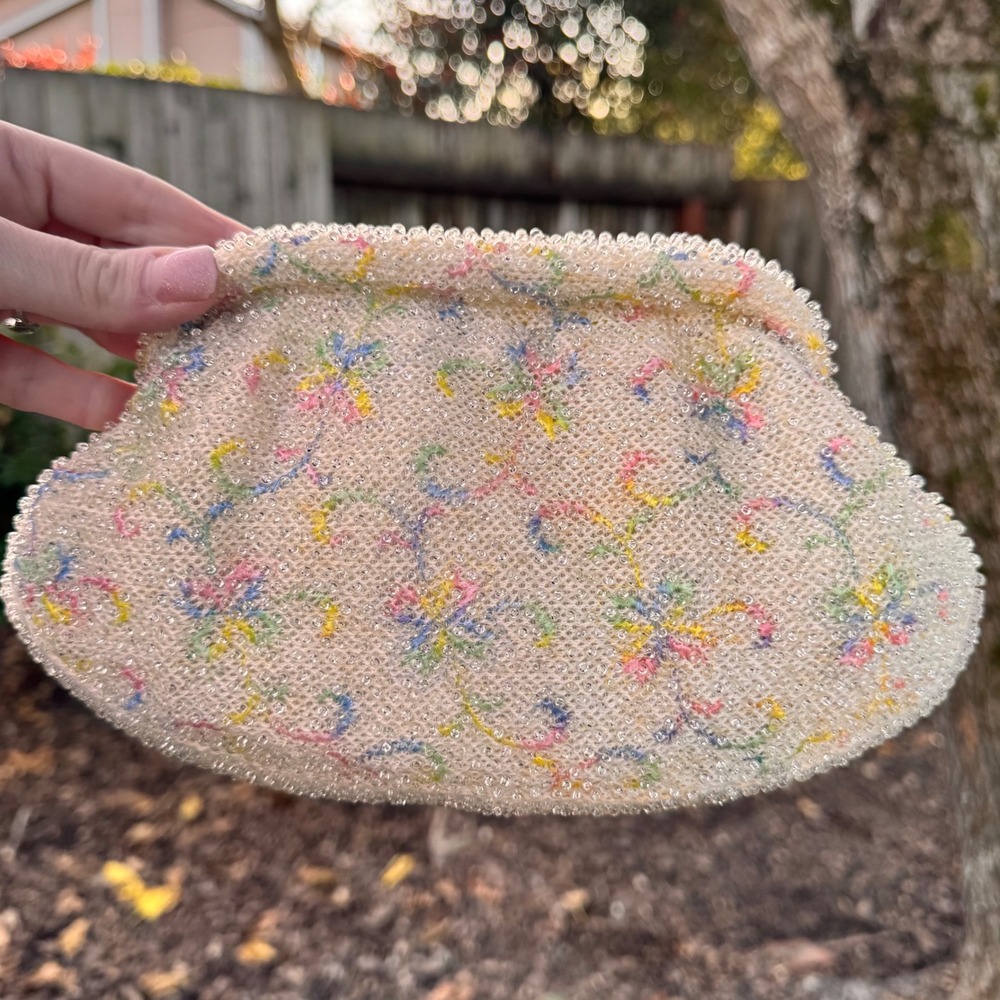 1950s‎ Ivory Corde Bead Vintage Clutch Evening Bag Hand Beaded Floral Pastel